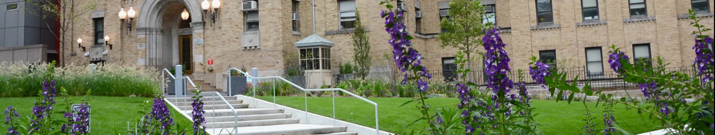 Image of building with purple flowers